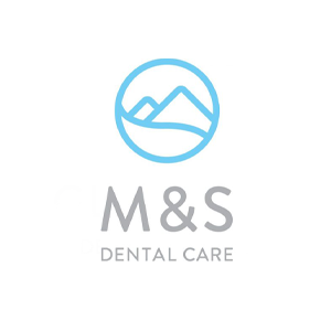 Logo of M&S Dental Care featuring mountains and a circular design.