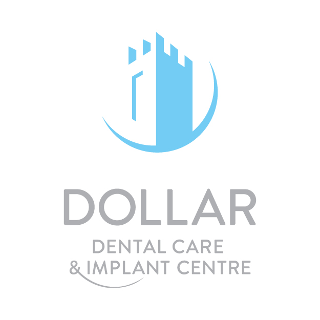 Logo of Dollar Dental Care and Implant Centre featuring a blue castle icon and grey text.