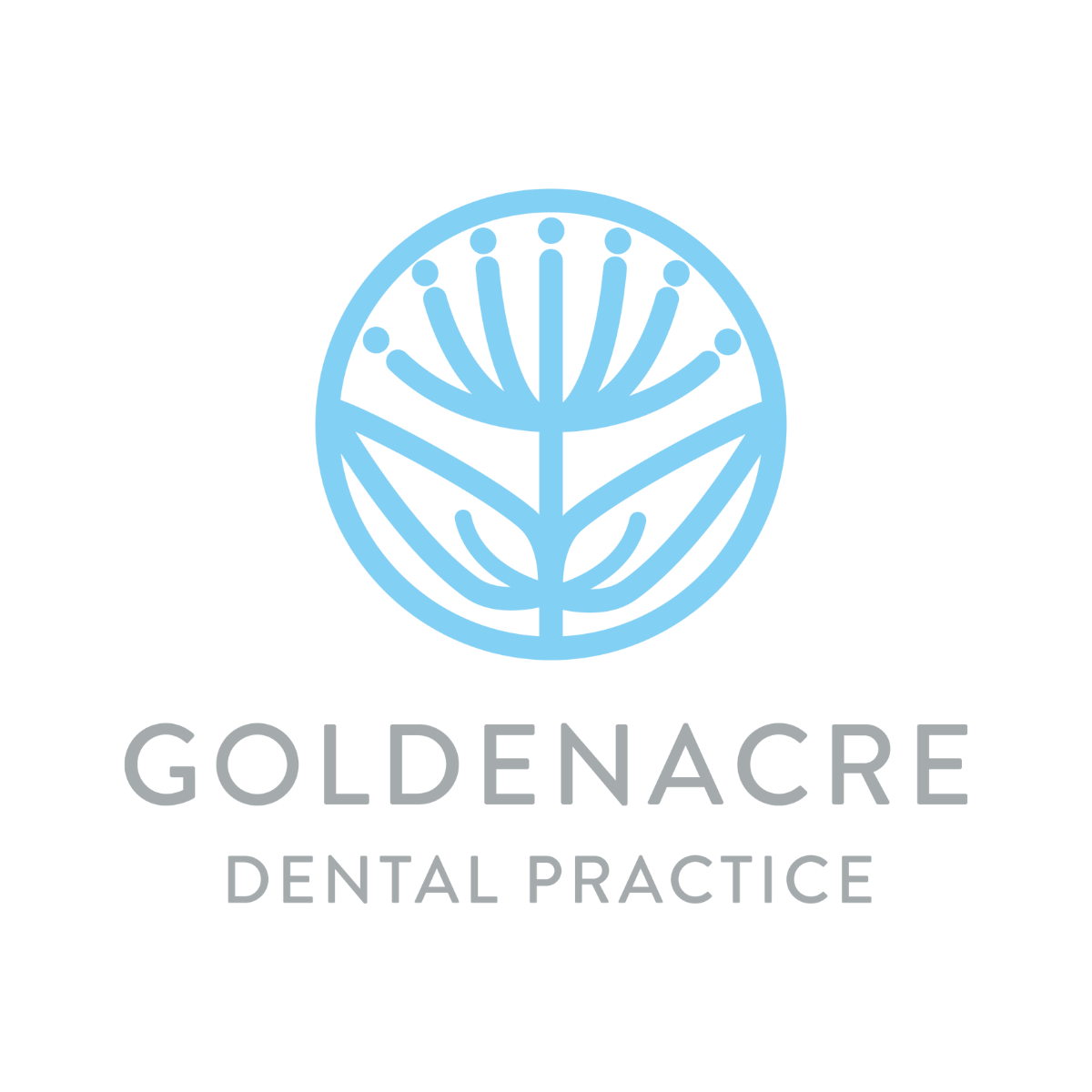 Logo of Goldenacre Dental Practice featuring a stylised plant design in blue.