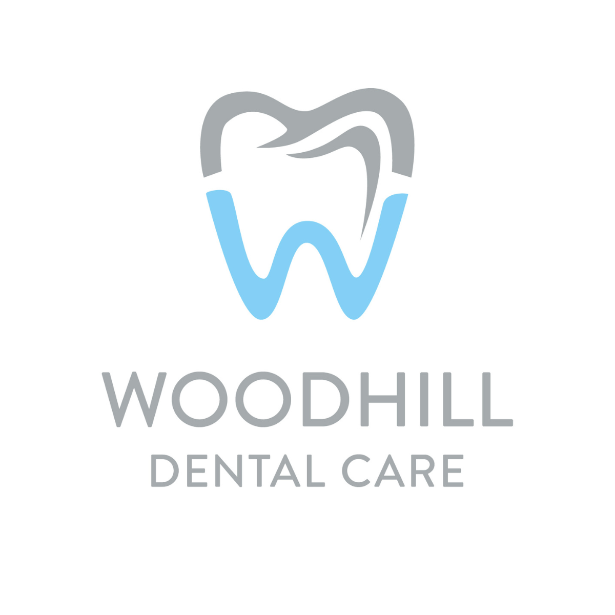 Logo of Woodhill Dental Care featuring a stylised tooth design in blue and grey.
