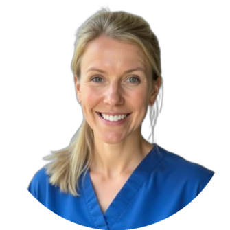 Claire Hunter with blonde hair and a bright smile, wearing blue medical scrubs, professional portrait suitable for Clyde Munro dental website