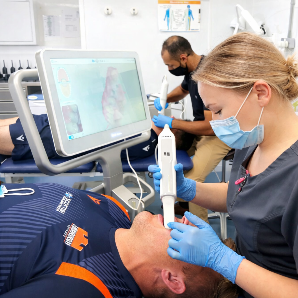 Dental team wearing blue gloves and masks perform a check-up on a patient in a navy jersey, using a handheld scanner and digital screen in a clinical setting