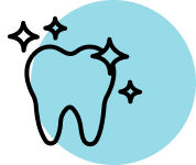A black outlined tooth with sparkles sits inside a light blue circle, creating a simple dental care symbol.