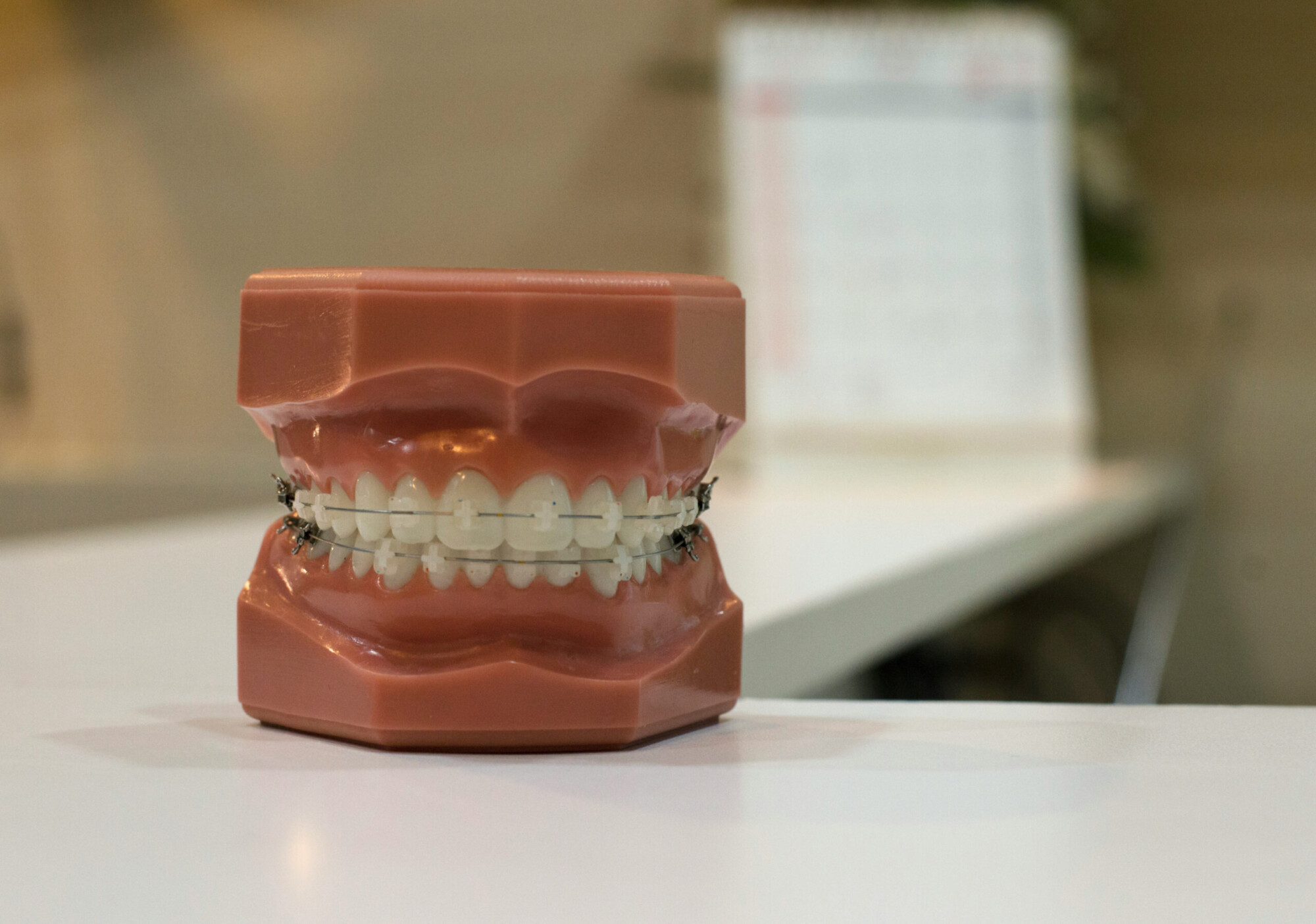 A dental model shows upper and lower teeth fitted with fixed braces, including clear brackets and wires on a pink gum mould.