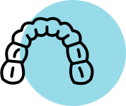 A black line drawing of a removable dental appliance curves across a light blue circle, with three segmented sections suggesting orthodontic treatment design.
