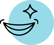 A smiling face icon with a sparkle above it is drawn in black line art inside a light blue circle.